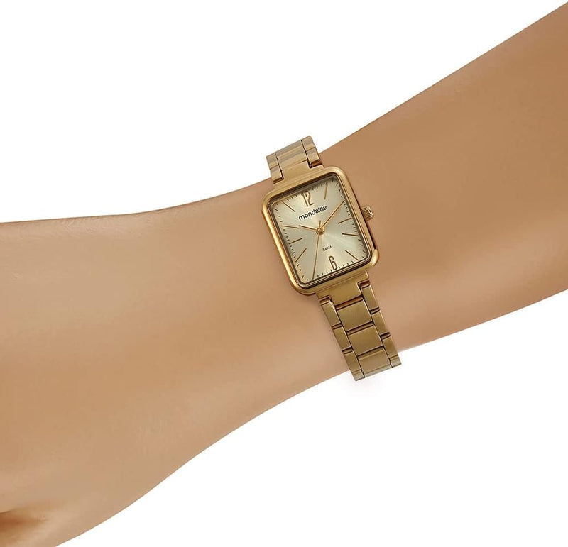 Relógio MONDAINE retangular dourado feminino 32377LPMVDE1