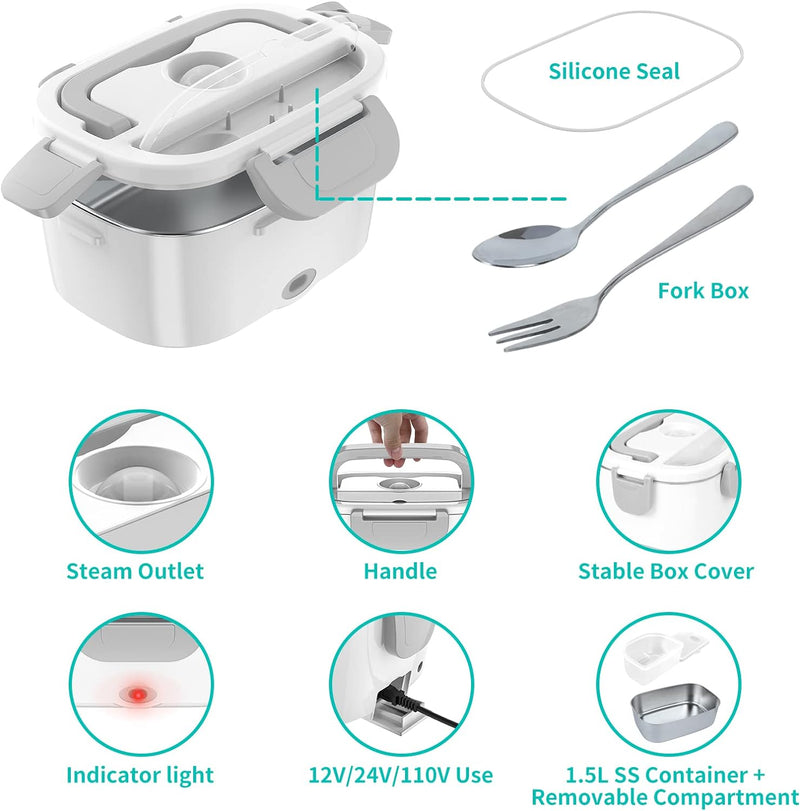 Electric Lunch Box, Food Warmer Heater 12V 24V 110V, 80W Faster Heated Lunch Box for Car/Truck/Home Portable Heating Boxes with 1.5L 304 SS Container Fork & Spoon