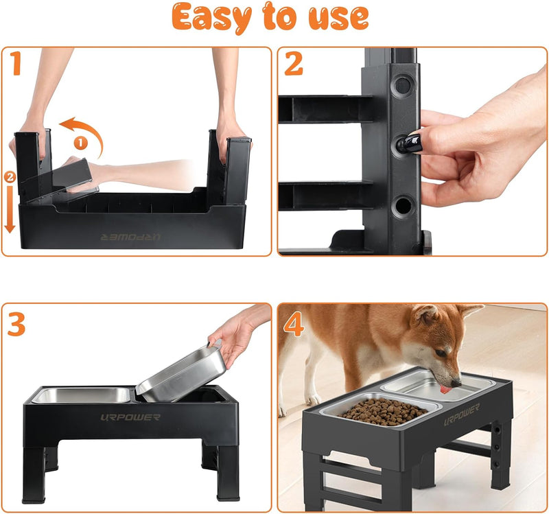 URPOWER Elevated Dog Bowls 4 Height Adjustable Raised Dog Bowl with 2 Large Capacity Stainless Steel Dog Food Bowls and Dog Water Bowl Non-Slip Dog Bowl Stand for Small Medium Large Dogs and Pets