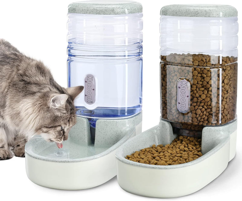 Automatic Dog Cat Feeder and Water Dispenser Gravity Food Feeder and Waterer Set with Pet Food Bowl for Small Medium Dog Puppy Kitten, Large Capacity 1 Gallon x 2