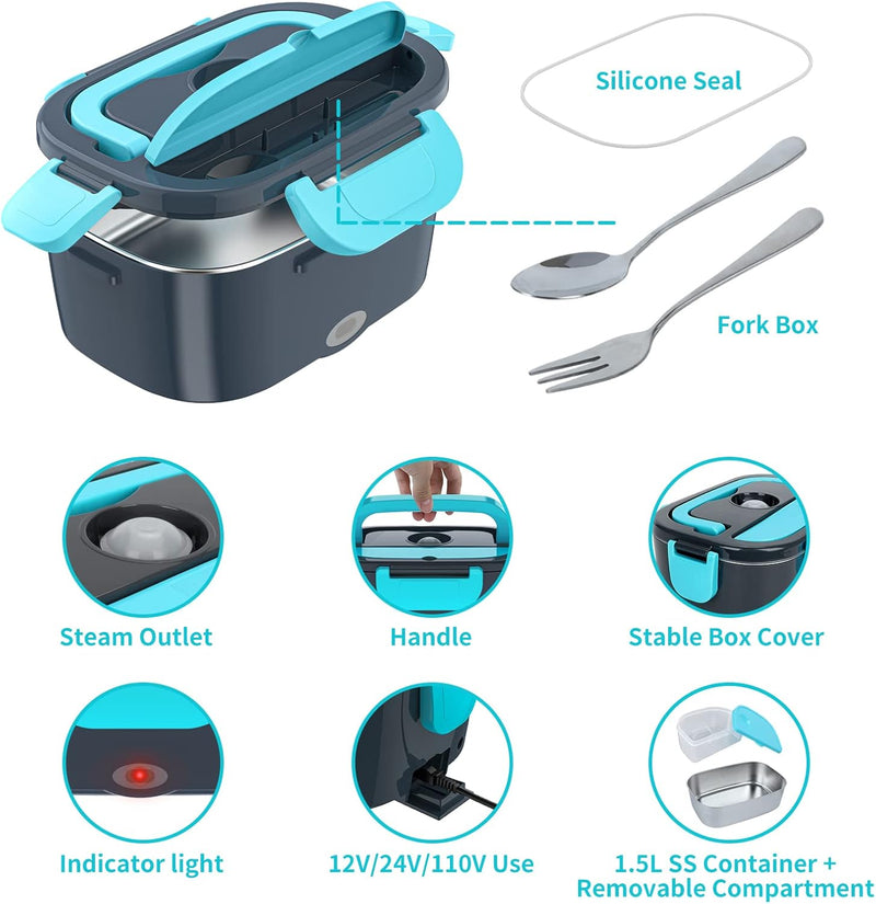 Electric Lunch Box, Food Warmer Heater 12V 24V 110V, 80W Faster Heated Lunch Box for Car/Truck/Home Portable Heating Boxes with 1.5L 304 SS Container Fork & Spoon