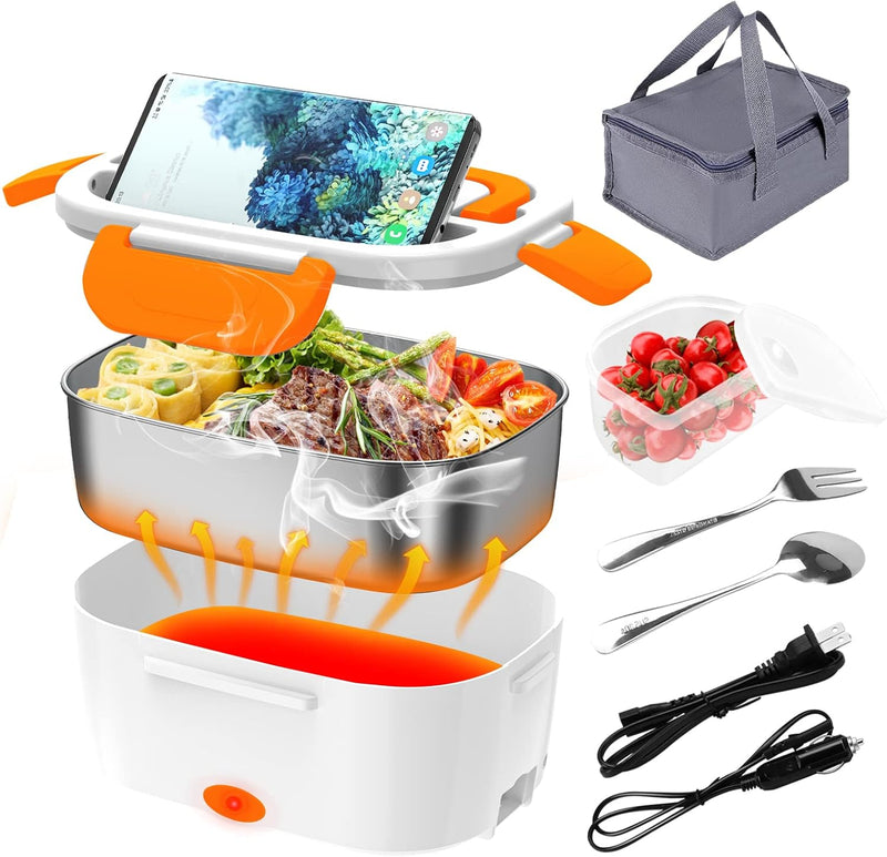 Electric Lunch Box, Food Warmer Heater 12V 24V 110V, 80W Faster Heated Lunch Box for Car/Truck/Home Portable Heating Boxes with 1.5L 304 SS Container Fork & Spoon