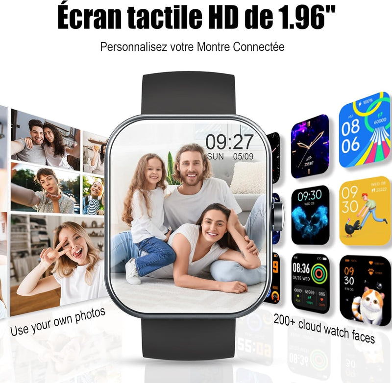 Montre Connectée Homme Femme avec Appels Bluetooth, 1.96" HD Smartwatch avec 110+ Modes Sportifs/Podometre/Sommeil/Cardiofrequencemetre, Etanche IP68, Bracelet Montre Intelligente pour Android iOS