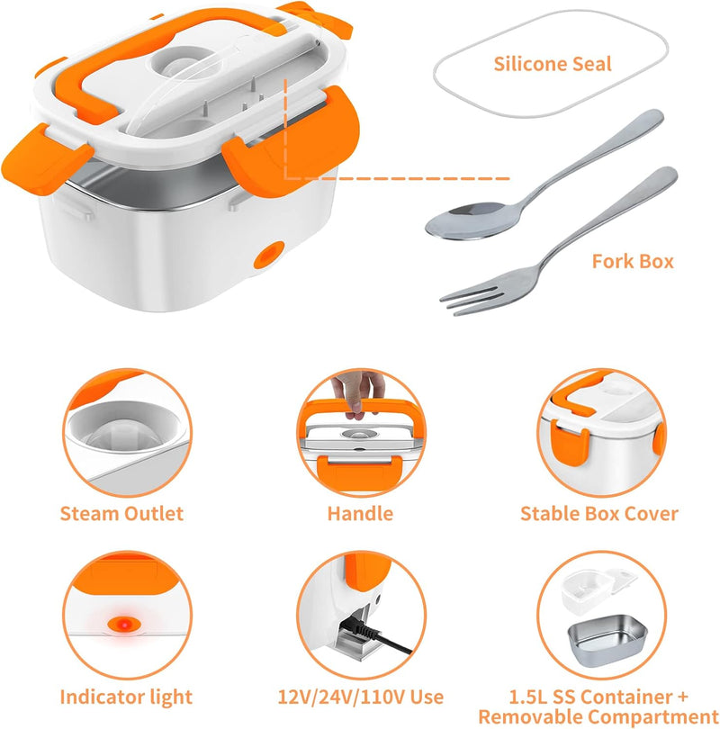 Electric Lunch Box, Food Warmer Heater 12V 24V 110V, 80W Faster Heated Lunch Box for Car/Truck/Home Portable Heating Boxes with 1.5L 304 SS Container Fork & Spoon