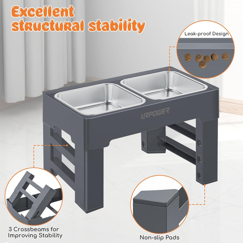 URPOWER Elevated Dog Bowls 4 Height Adjustable Raised Dog Bowl with 2 Large Capacity Stainless Steel Dog Food Bowls and Dog Water Bowl Non-Slip Dog Bowl Stand for Small Medium Large Dogs and Pets