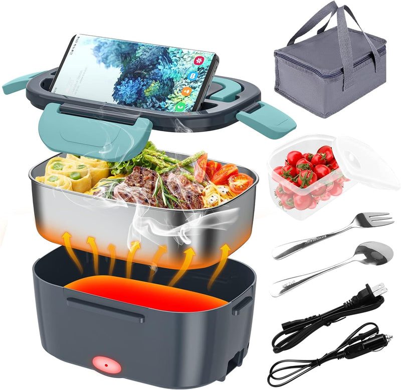 Electric Lunch Box, Food Warmer Heater 12V 24V 110V, 80W Faster Heated Lunch Box for Car/Truck/Home Portable Heating Boxes with 1.5L 304 SS Container Fork & Spoon