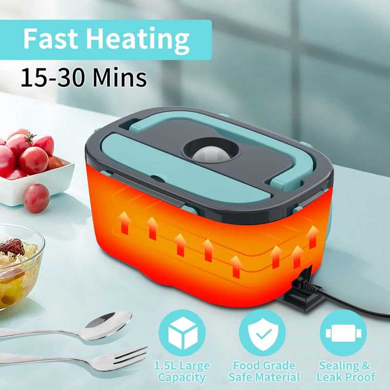 Electric Lunch Box, Food Warmer Heater 12V 24V 110V, 80W Faster Heated Lunch Box for Car/Truck/Home Portable Heating Boxes with 1.5L 304 SS Container Fork & Spoon