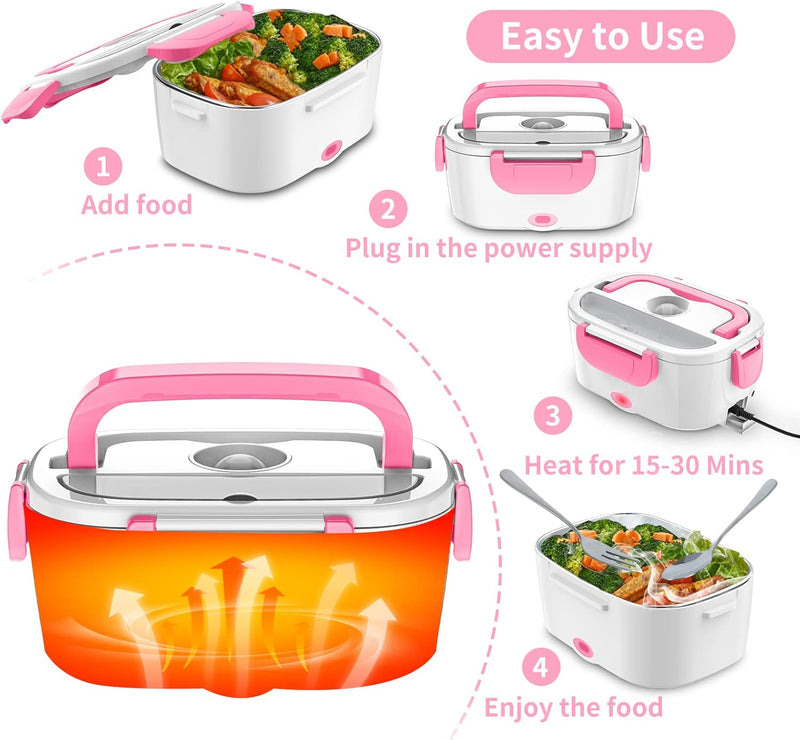 Electric Lunch Box, Food Warmer Heater 12V 24V 110V, 80W Faster Heated Lunch Box for Car/Truck/Home Portable Heating Boxes with 1.5L 304 SS Container Fork & Spoon