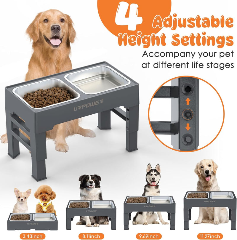 URPOWER Elevated Dog Bowls 4 Height Adjustable Raised Dog Bowl with 2 Large Capacity Stainless Steel Dog Food Bowls and Dog Water Bowl Non-Slip Dog Bowl Stand for Small Medium Large Dogs and Pets