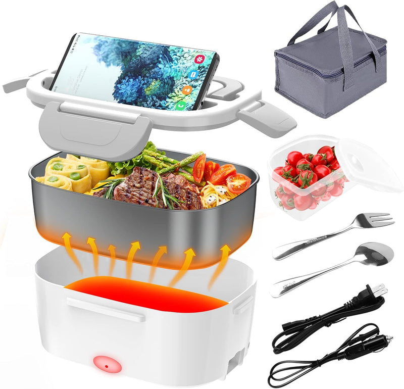 Electric Lunch Box, Food Warmer Heater 12V 24V 110V, 80W Faster Heated Lunch Box for Car/Truck/Home Portable Heating Boxes with 1.5L 304 SS Container Fork & Spoon