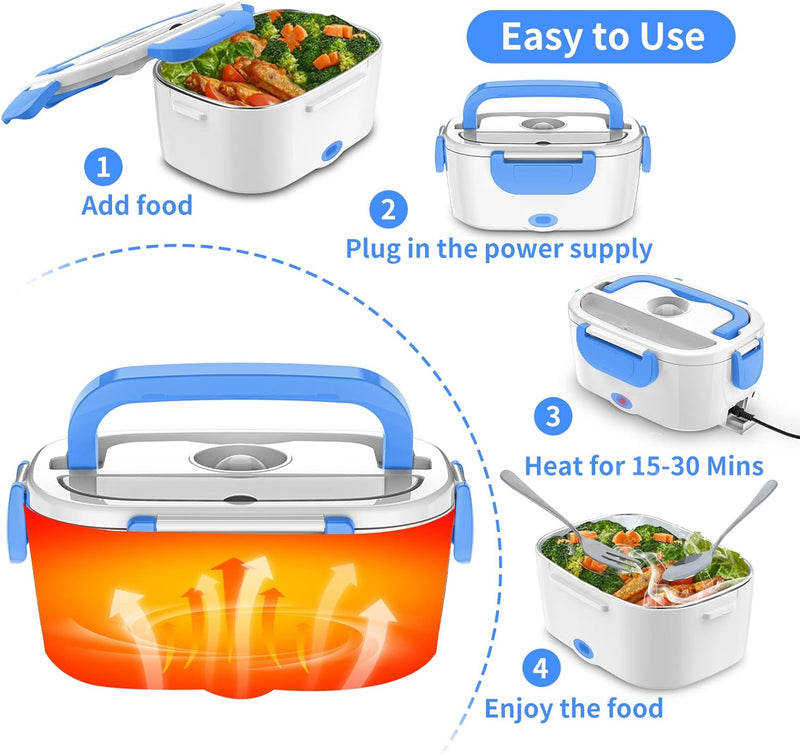 Electric Lunch Box, Food Warmer Heater 12V 24V 110V, 80W Faster Heated Lunch Box for Car/Truck/Home Portable Heating Boxes with 1.5L 304 SS Container Fork & Spoon