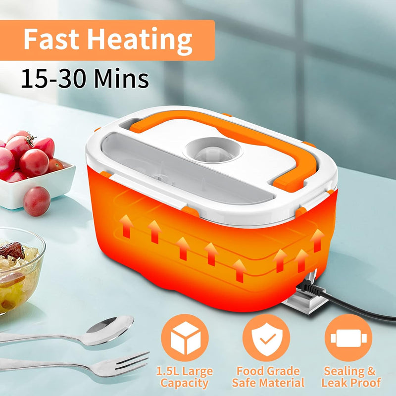 Electric Lunch Box, Food Warmer Heater 12V 24V 110V, 80W Faster Heated Lunch Box for Car/Truck/Home Portable Heating Boxes with 1.5L 304 SS Container Fork & Spoon