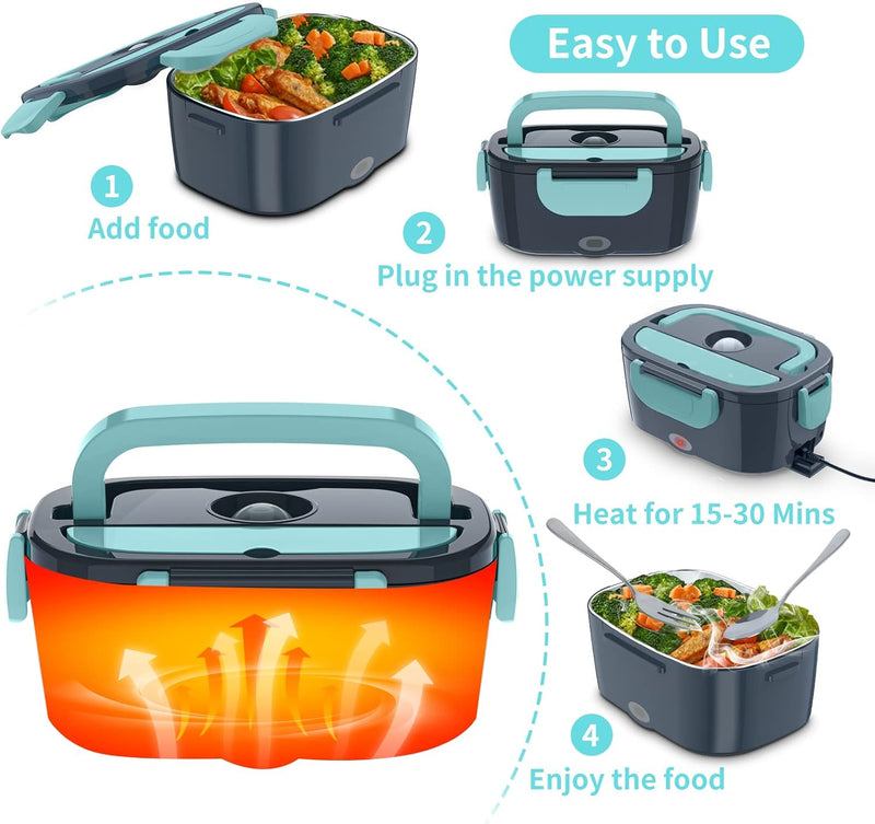 Electric Lunch Box, Food Warmer Heater 12V 24V 110V, 80W Faster Heated Lunch Box for Car/Truck/Home Portable Heating Boxes with 1.5L 304 SS Container Fork & Spoon