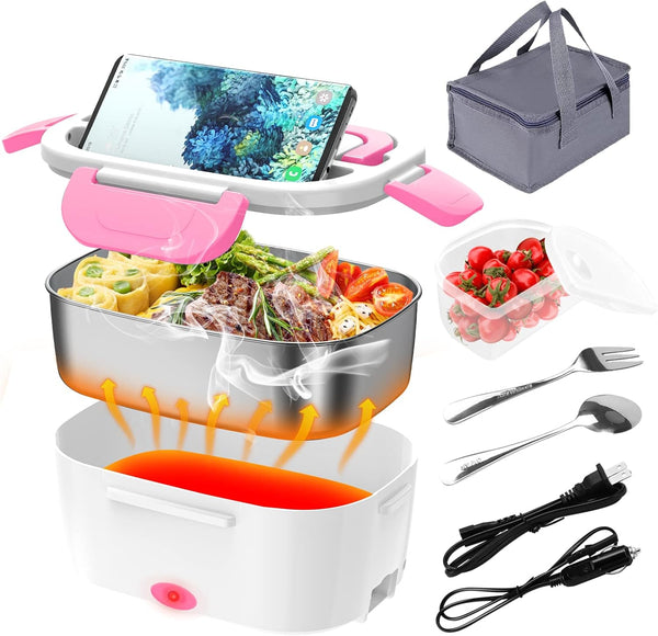 Electric Lunch Box, Food Warmer Heater 12V 24V 110V, 80W Faster Heated Lunch Box for Car/Truck/Home Portable Heating Boxes with 1.5L 304 SS Container Fork & Spoon