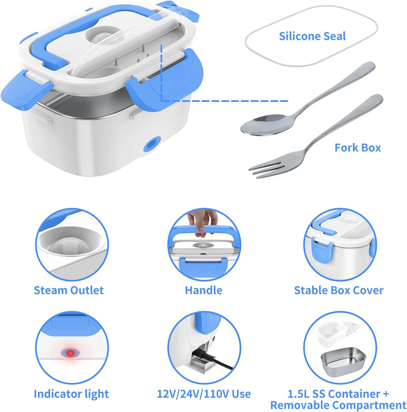 Electric Lunch Box, Food Warmer Heater 12V 24V 110V, 80W Faster Heated Lunch Box for Car/Truck/Home Portable Heating Boxes with 1.5L 304 SS Container Fork & Spoon