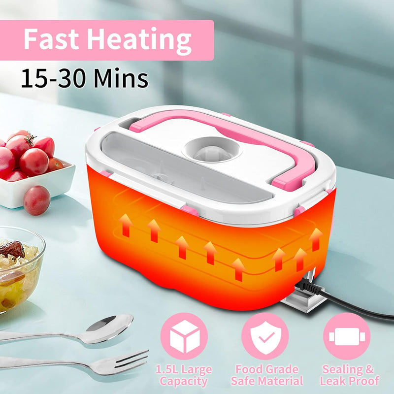 Electric Lunch Box, Food Warmer Heater 12V 24V 110V, 80W Faster Heated Lunch Box for Car/Truck/Home Portable Heating Boxes with 1.5L 304 SS Container Fork & Spoon