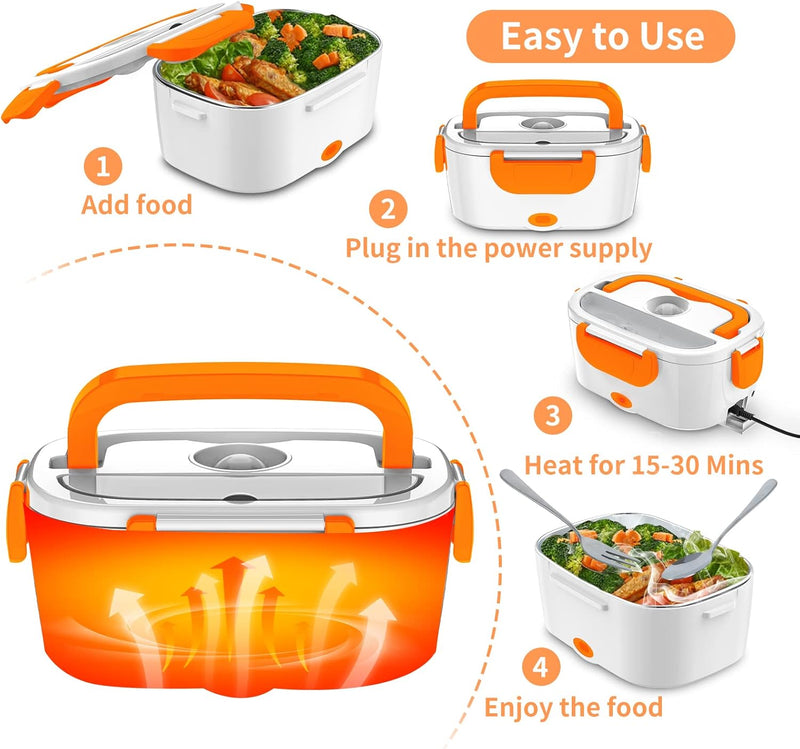 Electric Lunch Box, Food Warmer Heater 12V 24V 110V, 80W Faster Heated Lunch Box for Car/Truck/Home Portable Heating Boxes with 1.5L 304 SS Container Fork & Spoon