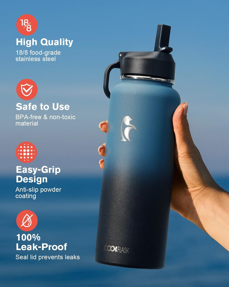 Water Bottle 40 oz Insulated with Straw, Coolflask Stainless Steel Metal 3 Lids Water Flask for Sports or Office, Keep Cold 48H Hot 24H, Samurai Cyan