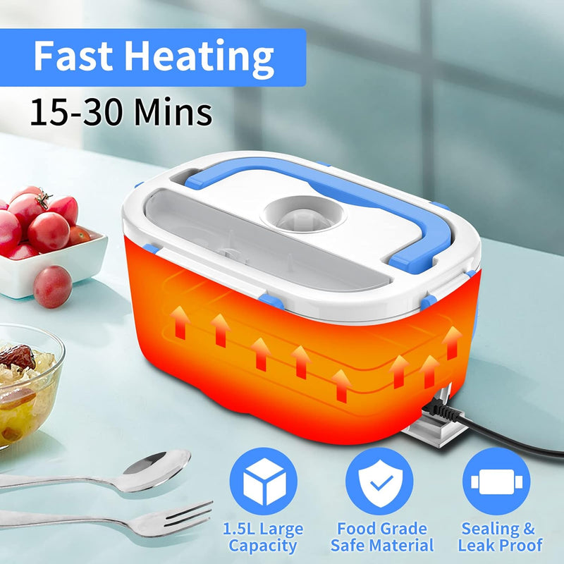 Electric Lunch Box, Food Warmer Heater 12V 24V 110V, 80W Faster Heated Lunch Box for Car/Truck/Home Portable Heating Boxes with 1.5L 304 SS Container Fork & Spoon