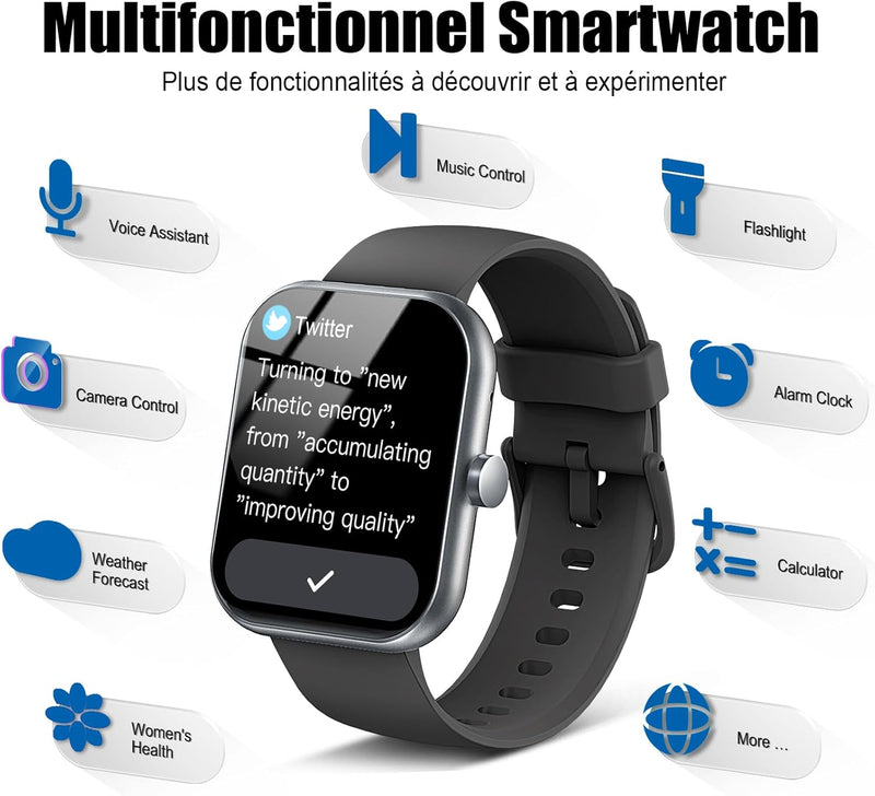 Montre Connectée Homme Femme avec Appels Bluetooth, 1.96" HD Smartwatch avec 110+ Modes Sportifs/Podometre/Sommeil/Cardiofrequencemetre, Etanche IP68, Bracelet Montre Intelligente pour Android iOS