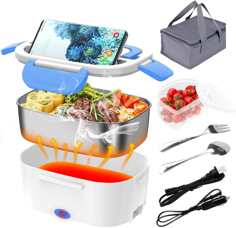 Electric Lunch Box, Food Warmer Heater 12V 24V 110V, 80W Faster Heated Lunch Box for Car/Truck/Home Portable Heating Boxes with 1.5L 304 SS Container Fork & Spoon