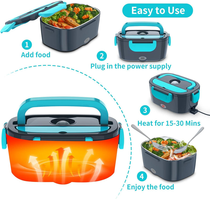 Electric Lunch Box, Food Warmer Heater 12V 24V 110V, 80W Faster Heated Lunch Box for Car/Truck/Home Portable Heating Boxes with 1.5L 304 SS Container Fork & Spoon