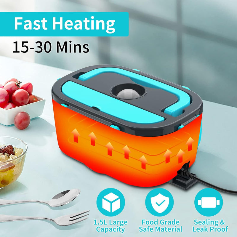 Electric Lunch Box, Food Warmer Heater 12V 24V 110V, 80W Faster Heated Lunch Box for Car/Truck/Home Portable Heating Boxes with 1.5L 304 SS Container Fork & Spoon