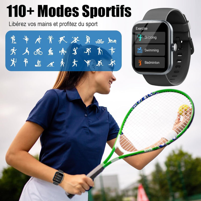 Montre Connectée Homme Femme avec Appels Bluetooth, 1.96" HD Smartwatch avec 110+ Modes Sportifs/Podometre/Sommeil/Cardiofrequencemetre, Etanche IP68, Bracelet Montre Intelligente pour Android iOS