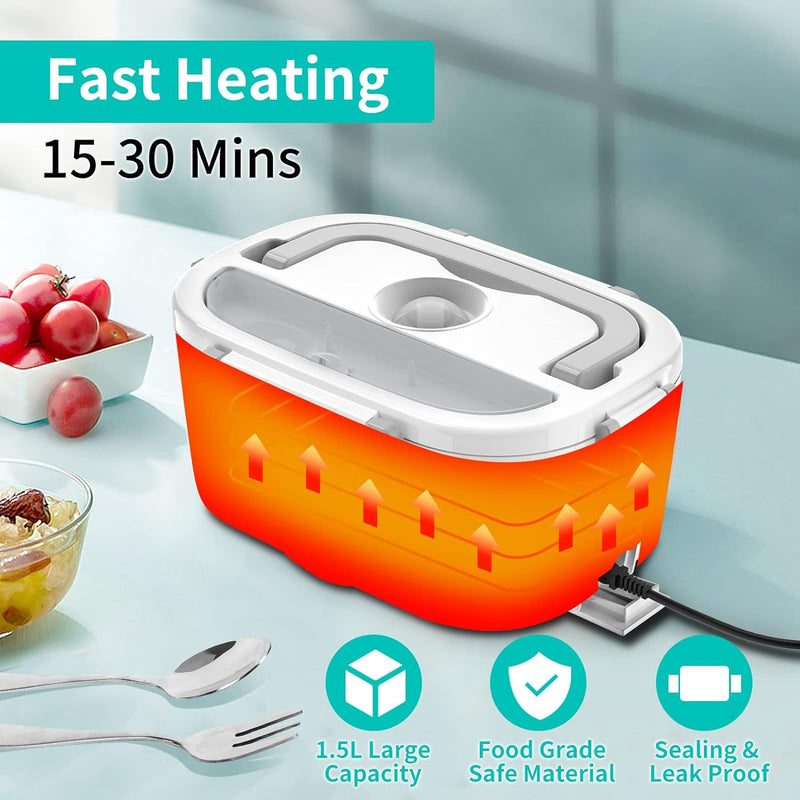 Electric Lunch Box, Food Warmer Heater 12V 24V 110V, 80W Faster Heated Lunch Box for Car/Truck/Home Portable Heating Boxes with 1.5L 304 SS Container Fork & Spoon