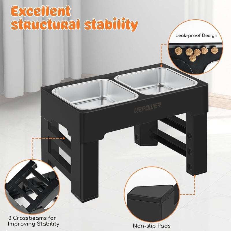 URPOWER Elevated Dog Bowls 4 Height Adjustable Raised Dog Bowl with 2 Large Capacity Stainless Steel Dog Food Bowls and Dog Water Bowl Non-Slip Dog Bowl Stand for Small Medium Large Dogs and Pets