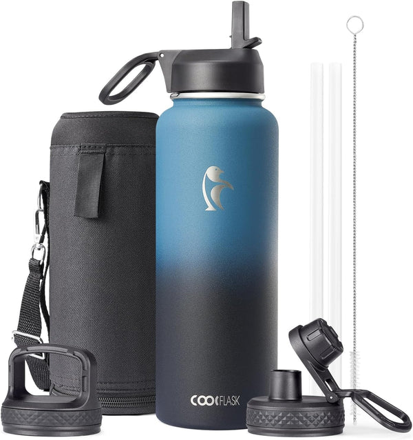 Water Bottle 40 oz Insulated with Straw, Coolflask Stainless Steel Metal 3 Lids Water Flask for Sports or Office, Keep Cold 48H Hot 24H, Samurai Cyan